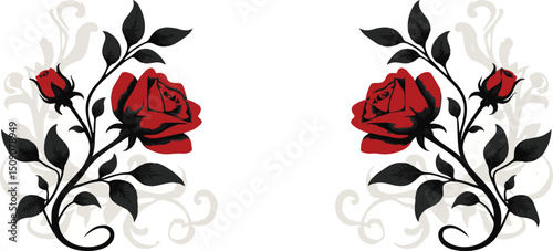 Elegant Red Roses with Black Leaves and Swirls on White Background