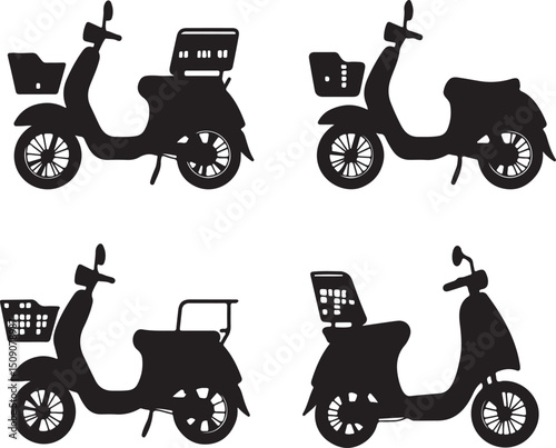 Scooter Silhouettes: Vector Graphic Set of Classic Mopeds with Baskets and Rear Racks, Transportation Art