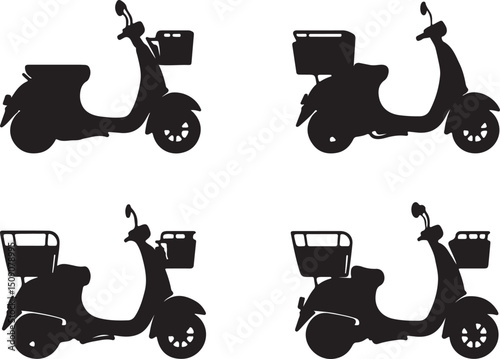 Black Silhouette of Classic Vespa Scooters with Baskets Vector Illustration Graphics