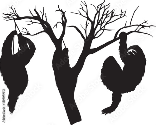 Sloth Silhouette in Tree Branches Vector Illustration Wildlife Animal Art Print