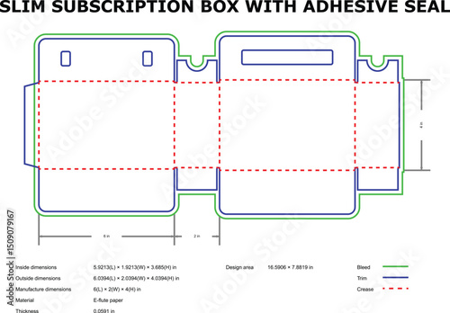 Slim subscription box packaging template adhesive seal design