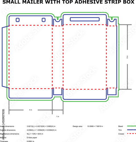 Small mailer box top adhesive strip packaging design template