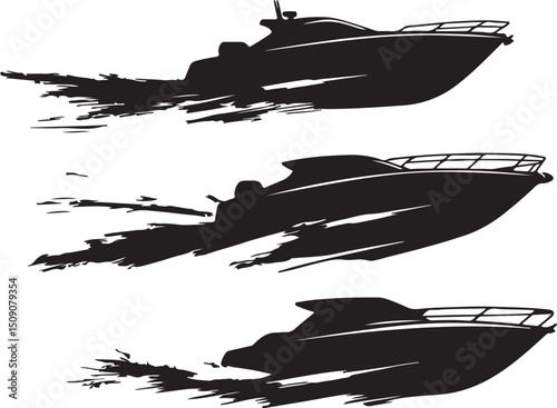 Speedboat Silhouette Vector: Fast Motorboat Watercraft Illustration, Boat Design Graphic Art