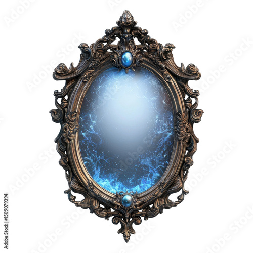 Ornate oval mirror with intricate metallic frame and glowing blue accents.