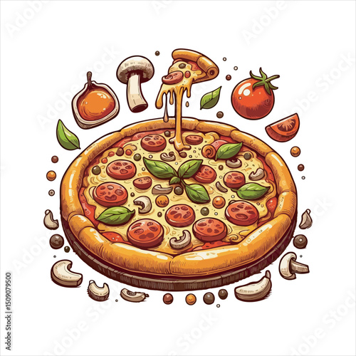 Whole and chopped pizza icon. Vector collection on white background.