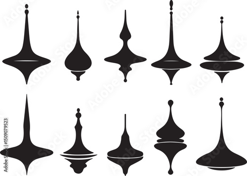 Silhouette Spinning Tops Vector Art: Collection of Vintage Toy Designs, Retro Style Graphics
