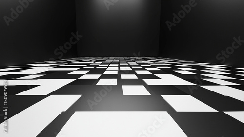 Black and white checkered room interior with patterned floor and walls showing perspective and geometric design.