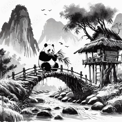 Panda sitting on a bridge while eating bamboo in a tranquil landscape  
