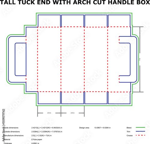 Tall tuck end box design with arch cut handle template