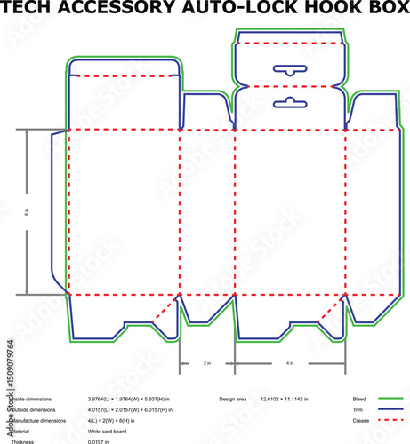 Tech accessory auto lock hook box packaging design template