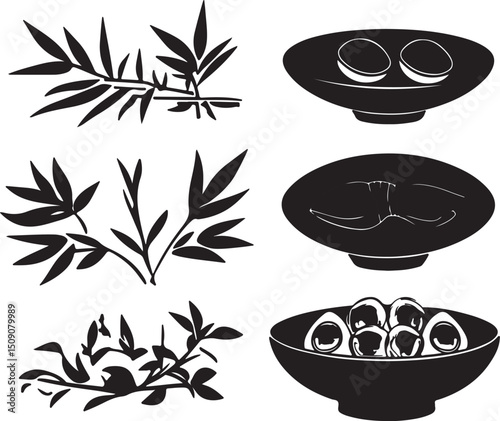 Black & White Vector Art: Bamboo Leaves & Bowls of Food, Asian Inspired Graphic Design