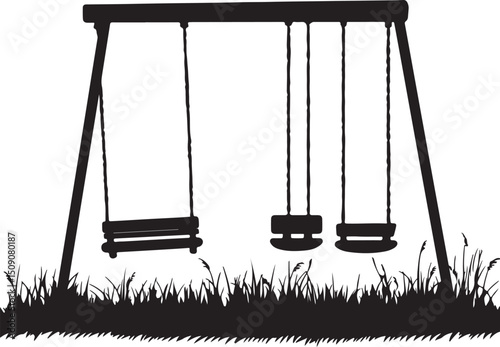 Silhouette of a Playground Swing Set with Three Swings and Grass Illustration