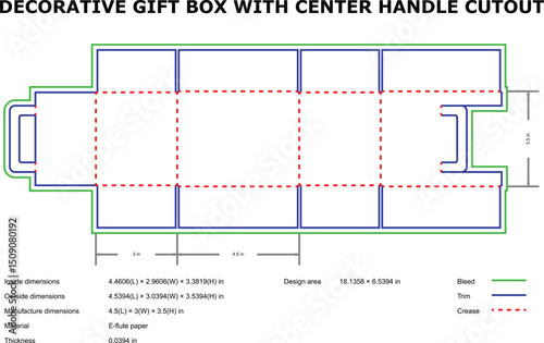 Decorative gift box design template center handle cutout dimensions