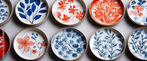 Hand-painted ceramic plates featuring floral and leaf designs in vibrant colors