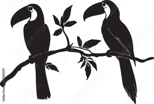 Black and White Toucan Silhouette: Two Birds on Branch, Tropical Wildlife Vector Illustration