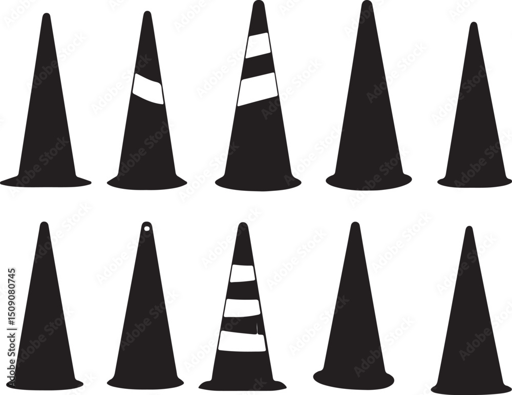 Black & White Vector Illustration of Traffic Cones: Safety, Construction, Road Work Icon Set Black & White Vector Illustration of Traffic Cones: Safety, Construction, Road Work Icon Set