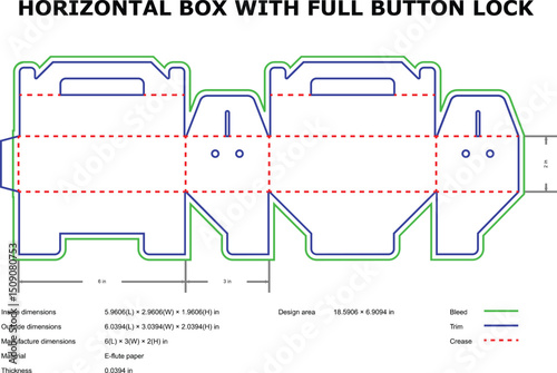 Horizontal box packaging template full button lock design