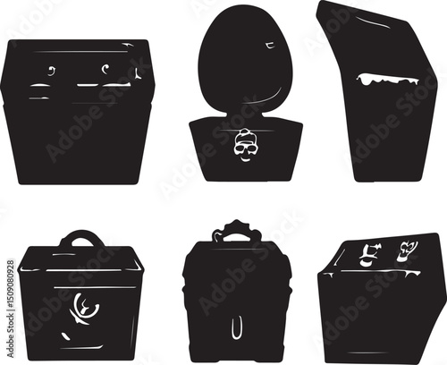 Black Silhouette Vector Art: Treasure Chests, Skull, Biohazard Symbol, Fantasy Game Icons
