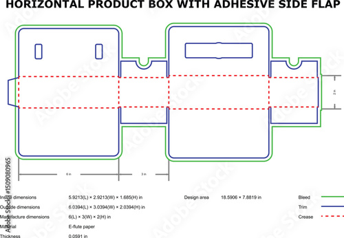 Horizontal product box packaging template adhesive side flap design