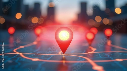 Colorful location markers on a digital map with blurred cityscape background at dusk