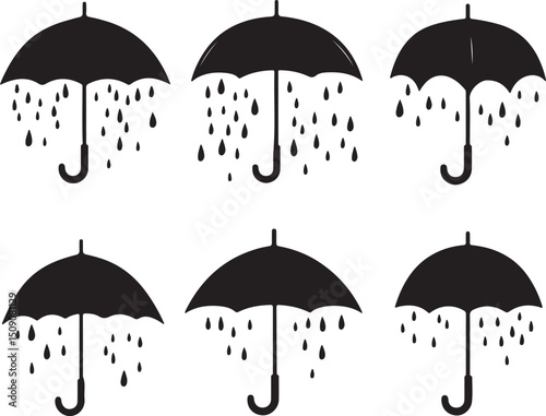 Umbrella Rain Vector Icons: Black & White Weather Graphic, Rainy Season Clip Art, Minimalist Design