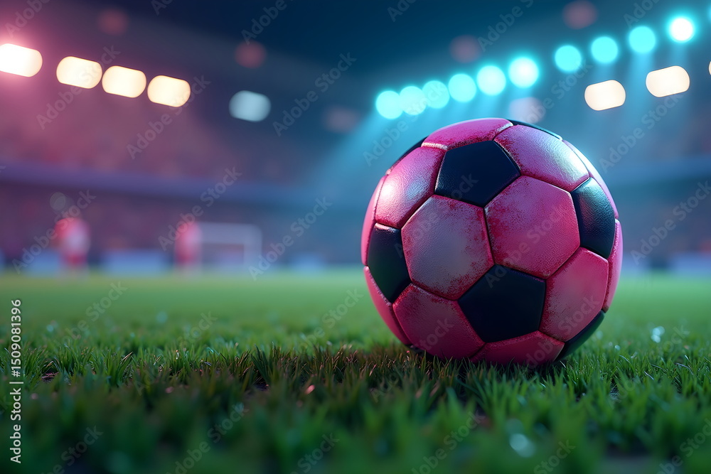 Fototapeta premium Intense Close-up of Soccer Ball on Stadium Field Under Vibrant Lights