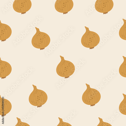 Seamless pattern featuring hand-drawn yellow onions on a light beige background. The onions are stylized with textured lines and placed in a clean repeating layout, creating a rustic and organic feel.