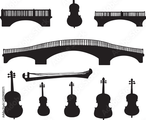 Silhouette Art: Bridges, Violins, & String Instruments Vector Graphics Collection