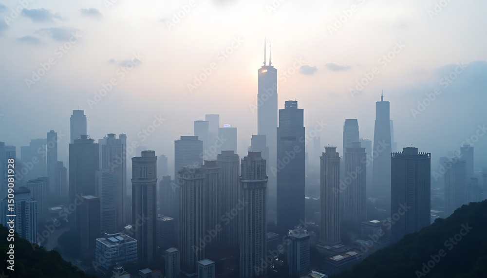 Fototapeta premium Misty Metropolis: Urban Skyline Shrouded in Haze
