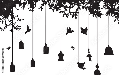 Silhouette Tree Branch with Hanging Lanterns and Birds Wall Decal Sticker Decor Art