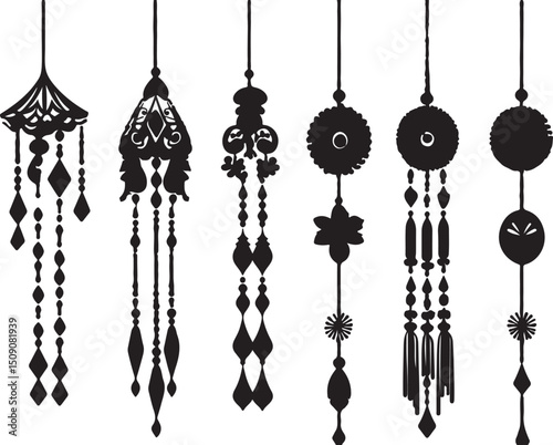 Ornate Black Silhouette Hanging Decorations: Bohemian Style Tassels, Beads, and Charms Design