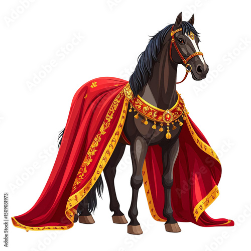 Majestic Royal Horse with Shiny Mane and Colorful Cape Standing Proud