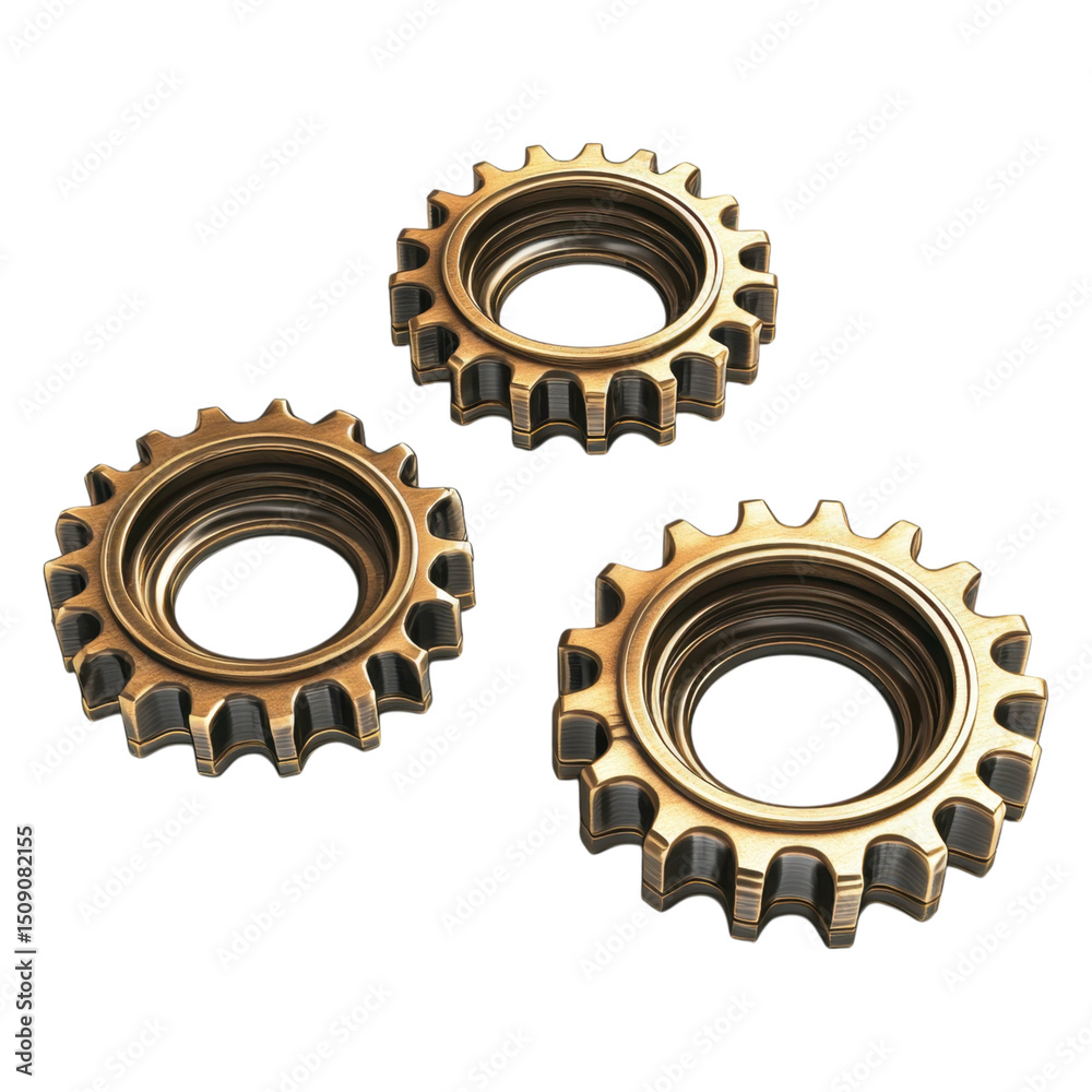 Three metallic gears with interlocking teeth arranged in a triangular formation. Three metallic gears with interlocking teeth arranged in a triangular formation.