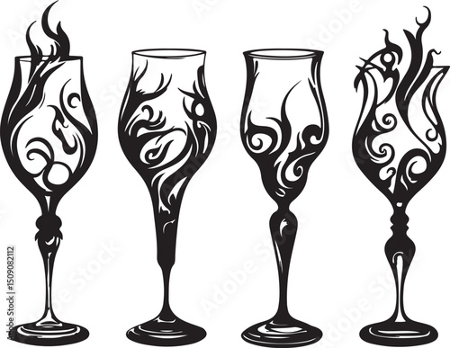 Ornate Wine Glasses Vector Art: Decorative Drinkware Silhouettes, Elegant Black and White Design