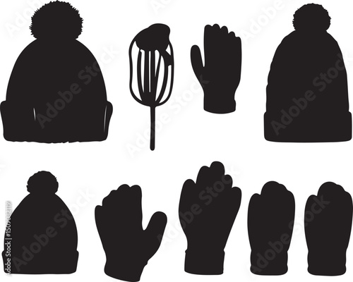 Winter Clothing Silhouette Vector: Hats, Gloves, Mittens, Earmuffs, Cold Weather Apparel Graphics
