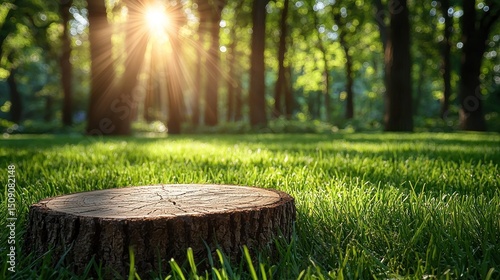 Sunlit forest scene with tree stump on grass