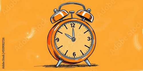 Vintage orange alarm clock on orange background with copy space. Retro time, antique clock with details. Classic design, decoration, reminder, display. Analog clock. 