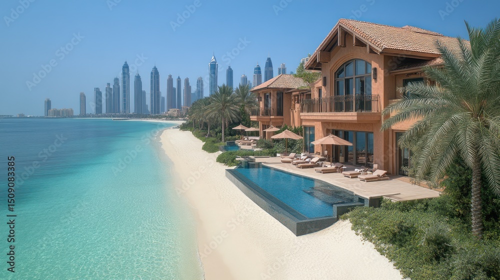 Fototapeta premium Luxurious beachfront villa overlooking a city skyline