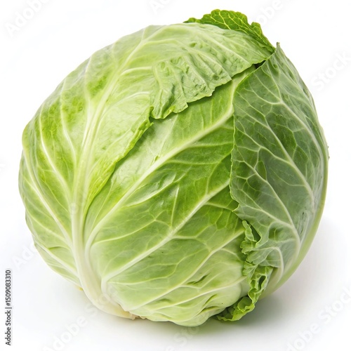 Fresh Whole Green Cabbage Head on White Background photo