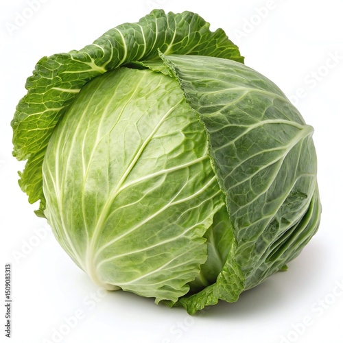 Fresh Whole Green Cabbage Head on White Background photo