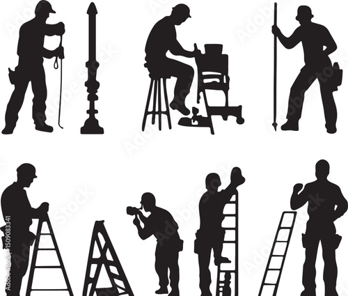 Silhouette Illustrations of Construction Workers, Builders, and Repairmen Vector Graphics