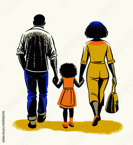 Black Family Walking Away Holding Hands Illustration