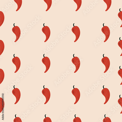 Seamless pattern of red chili peppers on beige background.
