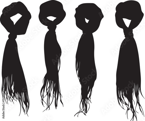 Black & White Silhouette of Scarves with Fringes - Fashion Accessory Vector Graphic Illustration