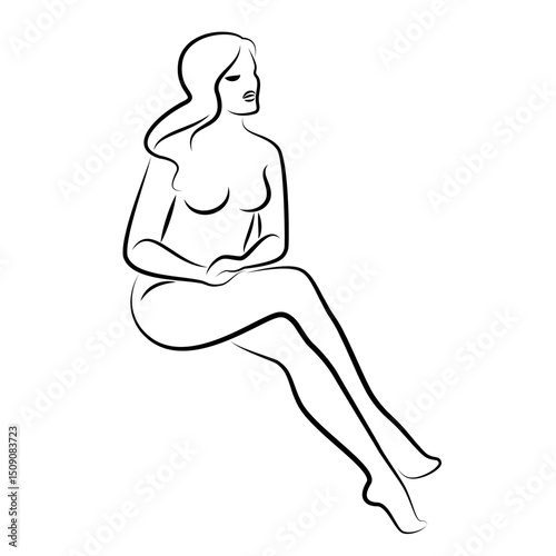 Silhouette of a cute lady, she is sitting. The girl has a beautiful naked figure. The woman is a young sexy and slim model. Vector illustration.