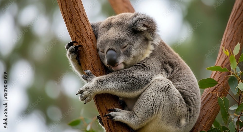 Naklejka premium Sleeping Koala on Tree Branch
