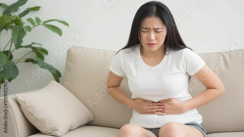 Young woman experiencing abdominal pain while sitting at home, holding her stomach in discomfort