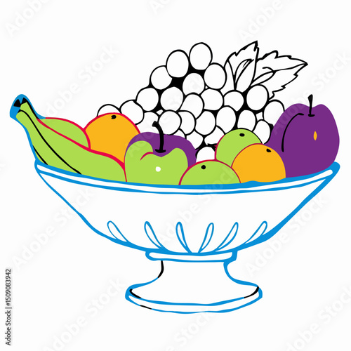 Fruit Bowl Illustration: Bananas, Grapes, Apples, Oranges, Plums