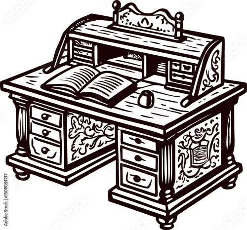Intricately carved vintage wooden desk with open book and decorative details