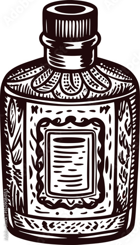 Vintage engraved perfume bottle with intricate detailing and ornate design in monochrome